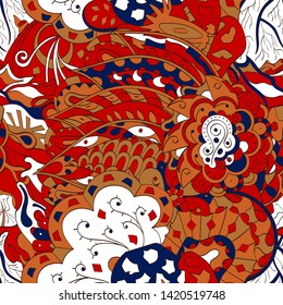 Tracery seamless pattern. Mehndi design. Ethnic colorful doodle texture. Curved doodling background. Vector