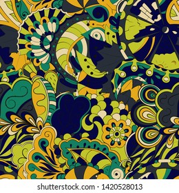 Tracery seamless pattern. Mehndi design. Ethnic colorful doodle texture. Curved doodling background. Vector