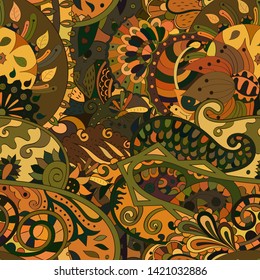 Tracery seamless pattern. Mehndi design. Ethnic colorful doodle texture. Curved doodling background. Vector