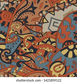 Tracery seamless pattern. Mehndi design. Ethnic colorful doodle texture. Curved doodling background. Vector