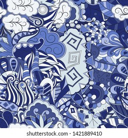 Tracery seamless pattern. Mehndi design. Ethnic colorful doodle texture. Curved doodling background. Vector