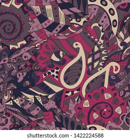 Tracery seamless pattern. Mehndi design. Ethnic colorful doodle texture. Curved doodling background. Vector