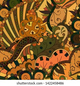 Tracery seamless pattern. Mehndi design. Ethnic colorful doodle texture. Curved doodling background. Vector