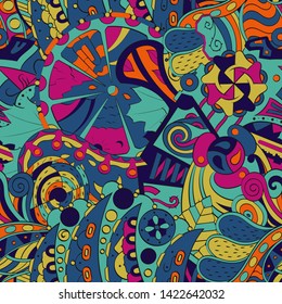 Tracery seamless pattern. Mehndi design. Ethnic colorful doodle texture. Curved doodling background. Vector