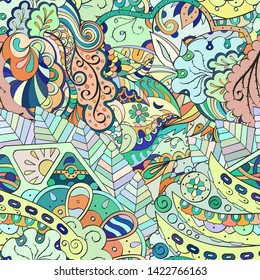 Tracery seamless pattern. Mehndi design. Ethnic colorful doodle texture. Curved doodling background. Vector