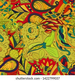 Tracery seamless pattern. Mehndi design. Ethnic colorful doodle texture. Curved doodling background. Vector