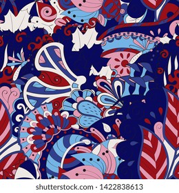 Tracery seamless pattern. Mehndi design. Ethnic colorful doodle texture. Curved doodling background. Vector
