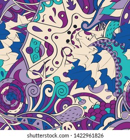 Tracery seamless pattern. Mehndi design. Ethnic colorful doodle texture. Curved doodling background. Vector