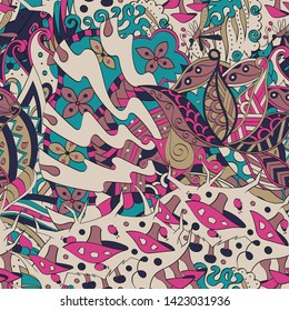 Tracery seamless pattern. Mehndi design. Ethnic colorful doodle texture. Curved doodling background. Vector