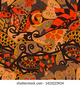 Tracery seamless pattern. Mehndi design. Ethnic colorful doodle texture. Curved doodling background. Vector