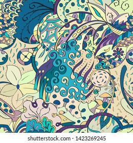 Tracery seamless pattern. Mehndi design. Ethnic colorful doodle texture. Curved doodling background. Vector
