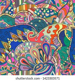 Tracery seamless pattern. Mehndi design. Ethnic colorful doodle texture. Curved doodling background. Vector