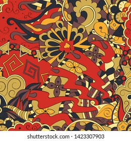 Tracery seamless pattern. Mehndi design. Ethnic colorful doodle texture. Curved doodling background. Vector