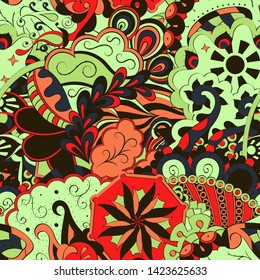 Tracery seamless pattern. Mehndi design. Ethnic colorful doodle texture. Curved doodling background. Vector