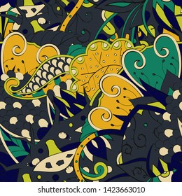 Tracery seamless pattern. Mehndi design. Ethnic colorful doodle texture. Curved doodling background. Vector