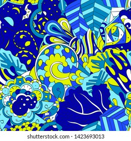 Tracery seamless pattern. Mehndi design. Ethnic colorful doodle texture. Curved doodling background. Vector
