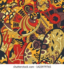 Tracery seamless pattern. Mehndi design. Ethnic colorful doodle texture. Curved doodling background. Vector
