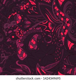 Tracery seamless pattern. Mehndi design. Ethnic colorful doodle texture. Curved doodling background. Vector