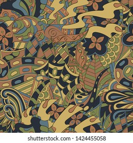 Tracery seamless pattern. Mehndi design. Ethnic colorful doodle texture. Curved doodling background. Vector
