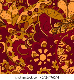 Tracery seamless pattern. Mehndi design. Ethnic colorful doodle texture. Curved doodling background. Vector