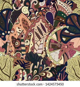 Tracery seamless pattern. Mehndi design. Ethnic colorful doodle texture. Curved doodling background. Vector