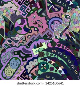 Tracery seamless pattern. Mehndi design. Ethnic colorful doodle texture. Curved doodling background. Vector