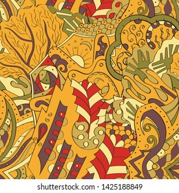 Tracery seamless pattern. Mehndi design. Ethnic colorful doodle texture. Curved doodling background. Vector