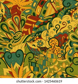 Tracery seamless pattern. Mehndi design. Ethnic colorful doodle texture. Curved doodling background. Vector