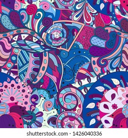 Tracery seamless pattern. Mehndi design. Ethnic colorful doodle texture. Curved doodling background. Vector