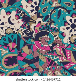 Tracery seamless pattern. Mehndi design. Ethnic colorful doodle texture. Curved doodling background. Vector