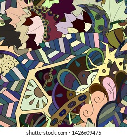 Tracery seamless pattern. Mehndi design. Ethnic colorful doodle texture. Curved doodling background. Vector