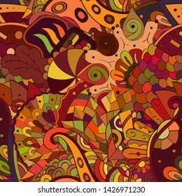Tracery seamless pattern. Mehndi design. Ethnic colorful doodle texture. Curved doodling background. Vector