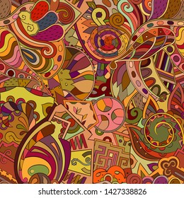 Tracery seamless pattern. Mehndi design. Ethnic colorful doodle texture. Curved doodling background. Vector