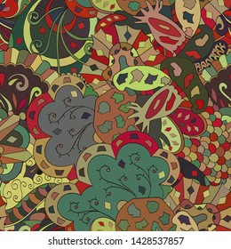 Tracery seamless pattern. Mehndi design. Ethnic colorful doodle texture. Curved doodling background. Vector