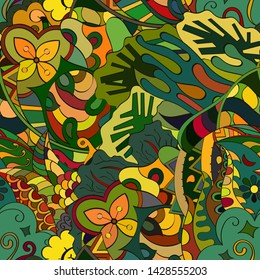 Tracery seamless pattern. Mehndi design. Ethnic colorful doodle texture. Curved doodling background. Vector