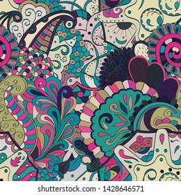 Tracery seamless pattern. Mehndi design. Ethnic colorful doodle texture. Curved doodling background. Vector