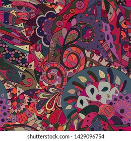 Tracery seamless pattern. Mehndi design. Ethnic colorful doodle texture. Curved doodling background. Vector