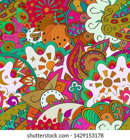 Tracery seamless pattern. Mehndi design. Ethnic colorful doodle texture. Curved doodling background. Vector