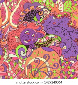 Tracery seamless pattern. Mehndi design. Ethnic colorful doodle texture. Curved doodling background. Vector