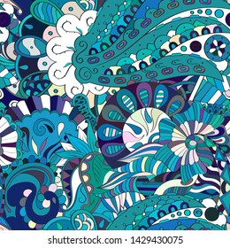Tracery seamless pattern. Mehndi design. Ethnic colorful doodle texture. Curved doodling background. Vector