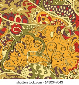 Tracery seamless pattern. Mehndi design. Ethnic colorful doodle texture. Curved doodling background. Vector