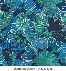Tracery seamless pattern. Mehndi design. Ethnic colorful doodle texture. Curved doodling background. Vector