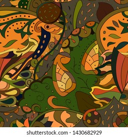 Tracery seamless pattern. Mehndi design. Ethnic colorful doodle texture. Curved doodling background. Vector