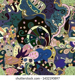 Tracery seamless pattern. Mehndi design. Ethnic colorful doodle texture. Curved doodling background. Vector