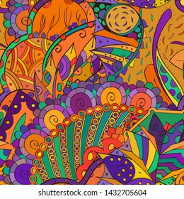 Tracery seamless pattern. Mehndi design. Ethnic colorful doodle texture. Curved doodling background. Vector
