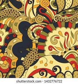 Tracery seamless pattern. Mehndi design. Ethnic colorful doodle texture. Curved doodling background. Vector