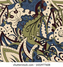 Tracery seamless pattern. Mehndi design. Ethnic colorful doodle texture. Curved doodling background. Vector
