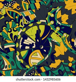 Tracery seamless pattern. Mehndi design. Ethnic colorful doodle texture. Curved doodling background. Vector