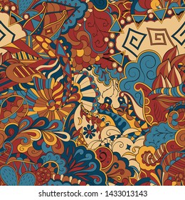 Tracery seamless pattern. Mehndi design. Ethnic colorful doodle texture. Curved doodling background. Vector