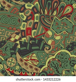 Tracery seamless pattern. Mehndi design. Ethnic colorful doodle texture. Curved doodling background. Vector